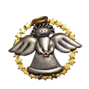 Vintage 1997 angel Christmas Wishes Brooch Pin Gold Tone Pewter Tone Wings Halo
